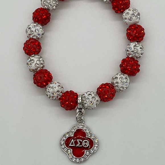 Delta Sigma Theta Beaded Bling Elastic DST Fleur Charm Bracelet - Picture 3 of 7